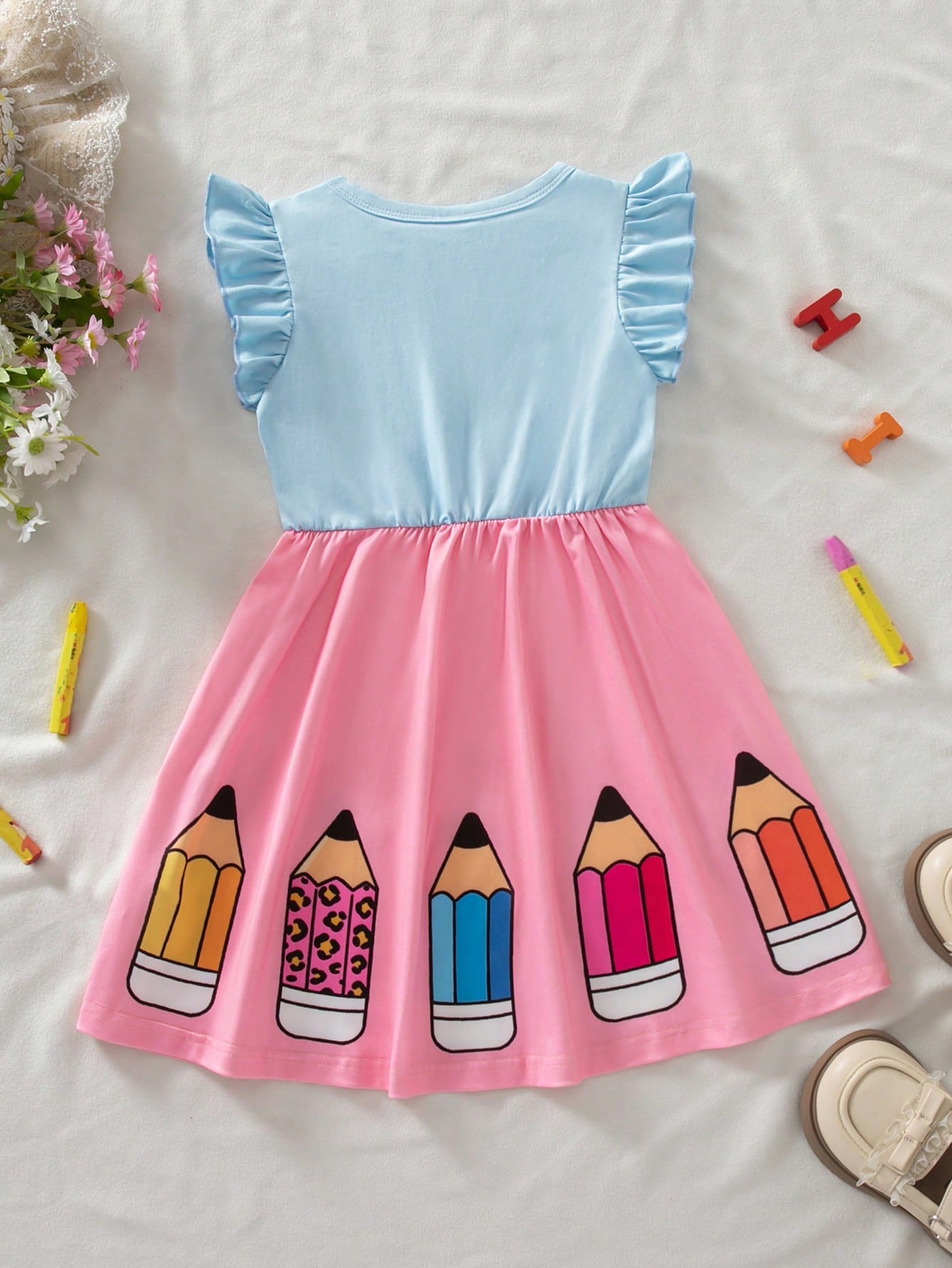 Little Girls Pencil Print Flutter Sleeve Twirl Dress - Blush | 21 C...