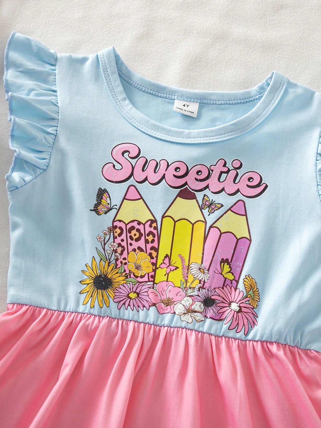 Little Girls Pencil Print Flutter Sleeve Twirl Dress - Blush | 21 C...