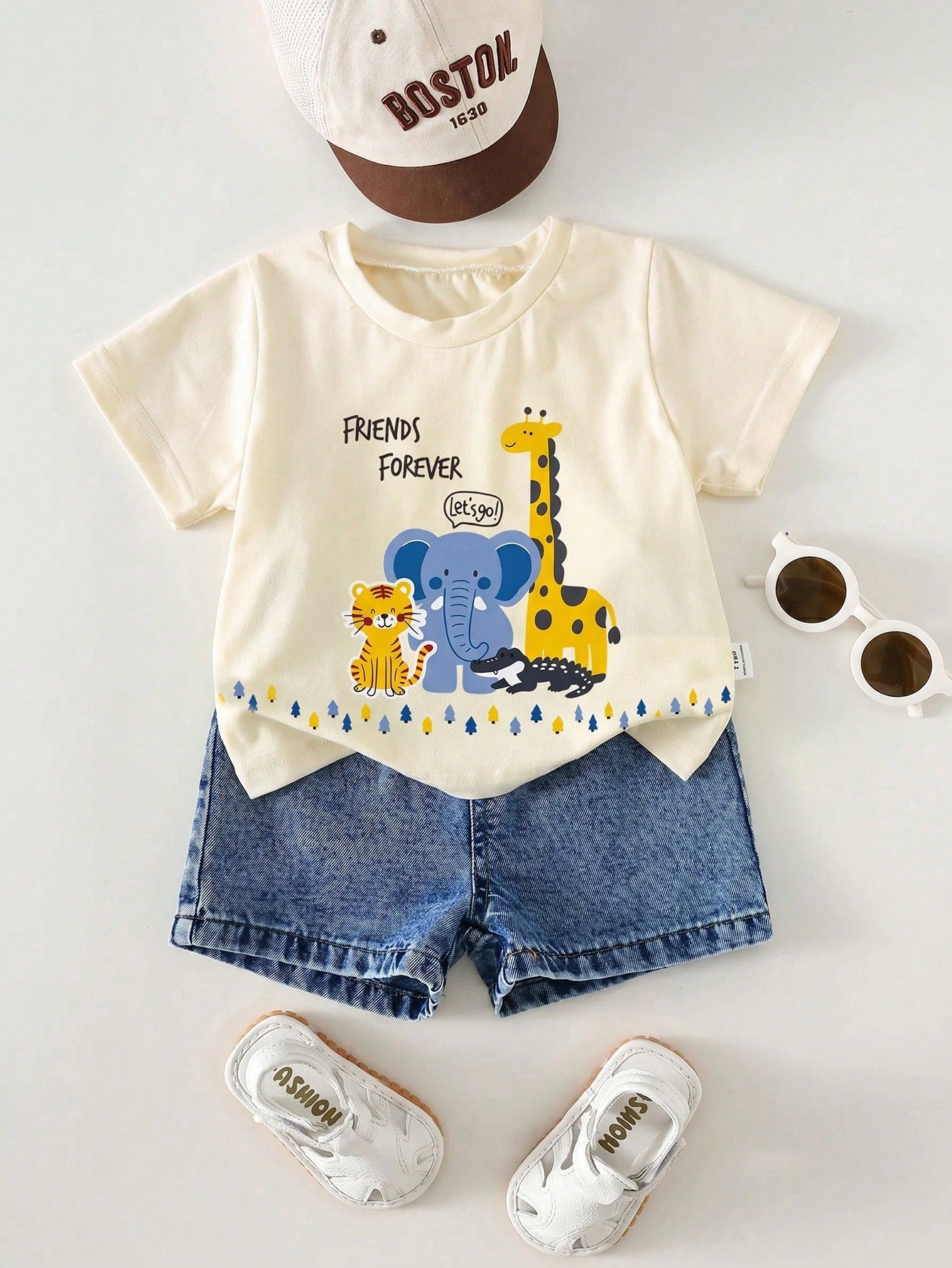 2pcs Boys Safari Graphic Tee & Denim Shorts Set - Ecru | 21 Century...