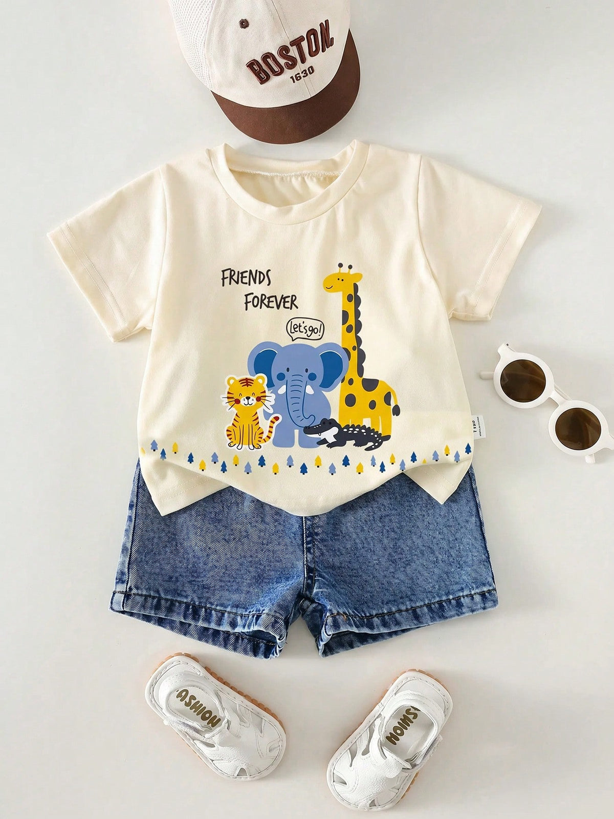 2pcs Boys Safari Graphic Tee & Denim Shorts Set - Ecru | 21 Century...