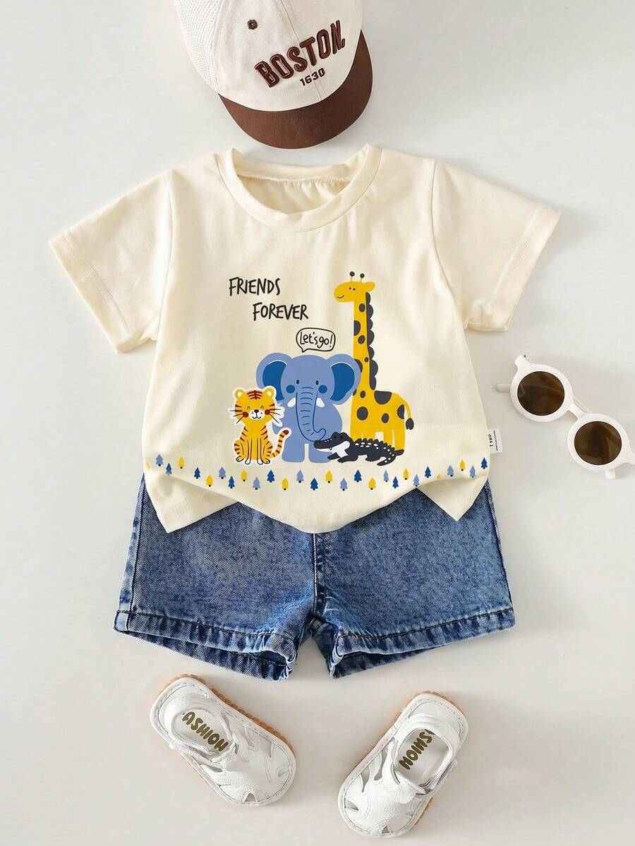 2pcs Boys Safari Graphic Tee & Denim Shorts Set - Ecru | 21 Century...