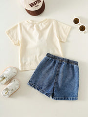2pcs Boys Safari Graphic Tee & Denim Shorts Set - Ecru | 21 Century...