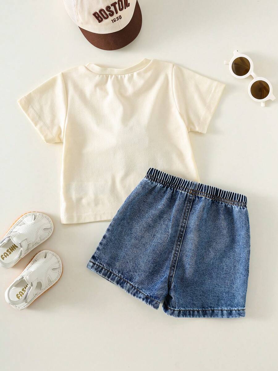2pcs Boys Safari Graphic Tee & Denim Shorts Set - Ecru | 21 Century...