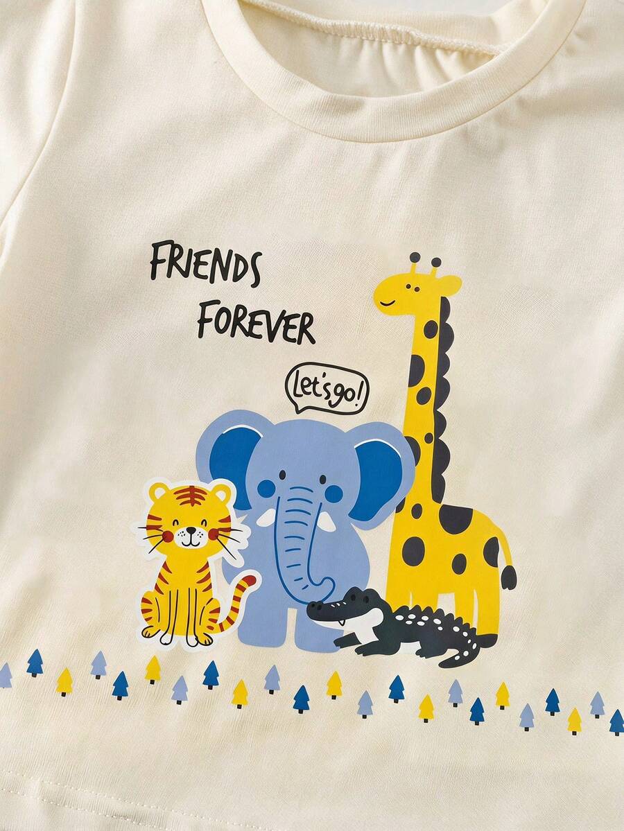 2pcs Boys Safari Graphic Tee & Denim Shorts Set - Ecru | 21 Century...