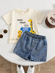 2pcs Boys Safari Graphic Tee & Denim Shorts Set - Ecru | 21 Century...
