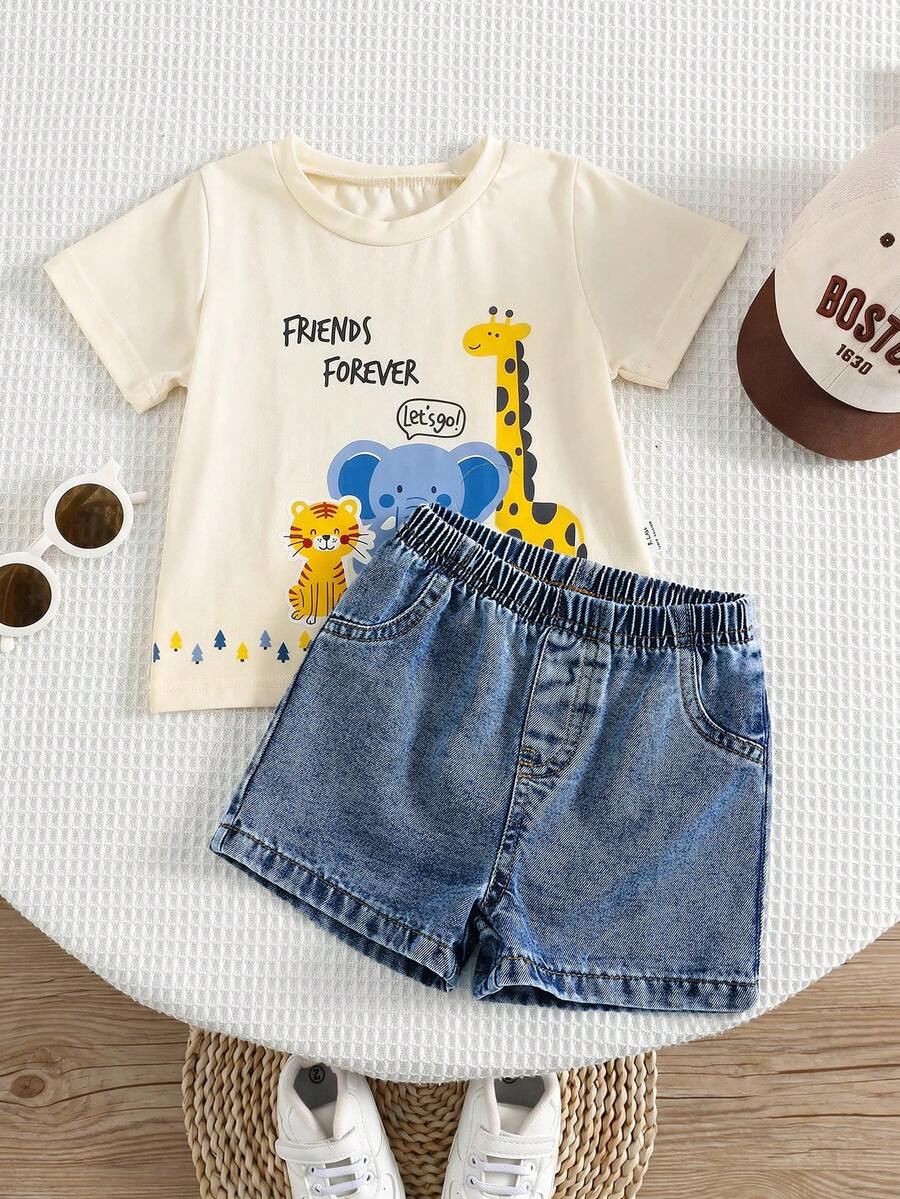 2pcs Boys Safari Graphic Tee & Denim Shorts Set - Ecru | 21 Century...