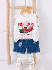 2pcs Boys Freedom Print Tank Top & Ripped Denim Shorts Set - Ivory ...
