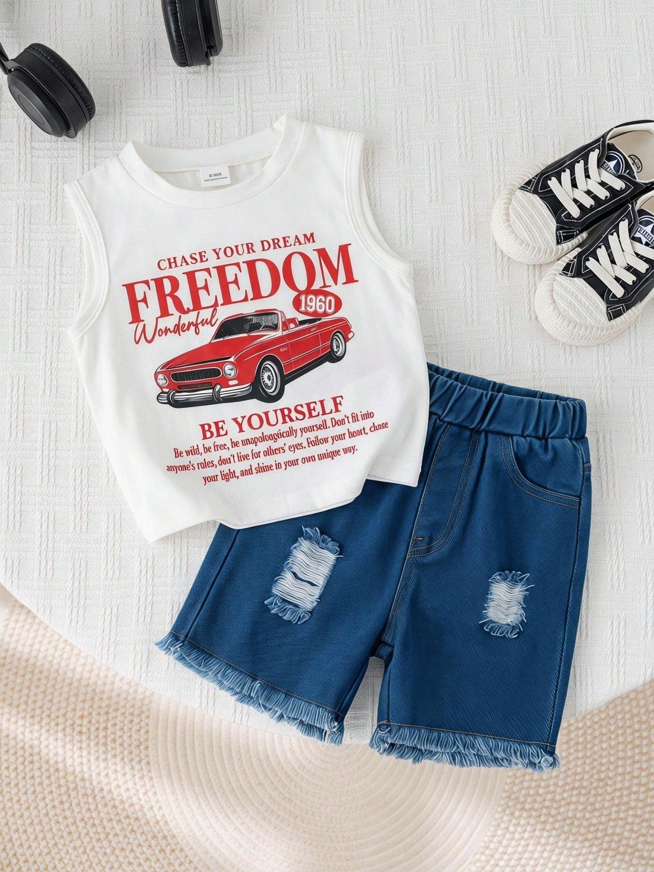 2pcs Boys Freedom Print Tank Top & Ripped Denim Shorts Set - Ivory ...