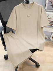 2pcs Boys Script Embroidered Tee & Shorts Set - Buff | 21 Century Kids