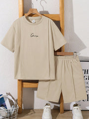 2pcs Boys Script Embroidered Tee & Shorts Set - Buff | 21 Century Kids