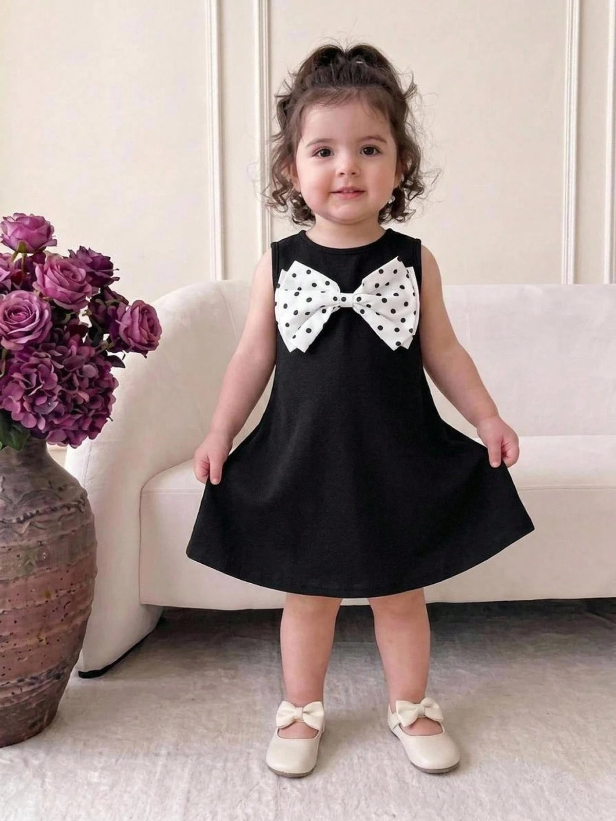 Little Girls Polka Dot Bow-Front A-Line Tank Dress - Onyx | 21 Cent...