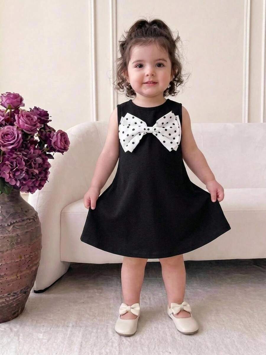 Little Girls Polka Dot Bow-Front A-Line Tank Dress - Onyx | 21 Cent...
