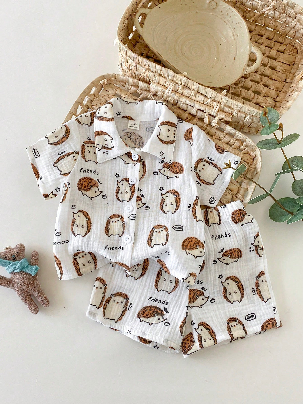 2pcs Boys Hedgehog Print Muslin Shirt & Shorts Set - Ivory | 21 Cen...