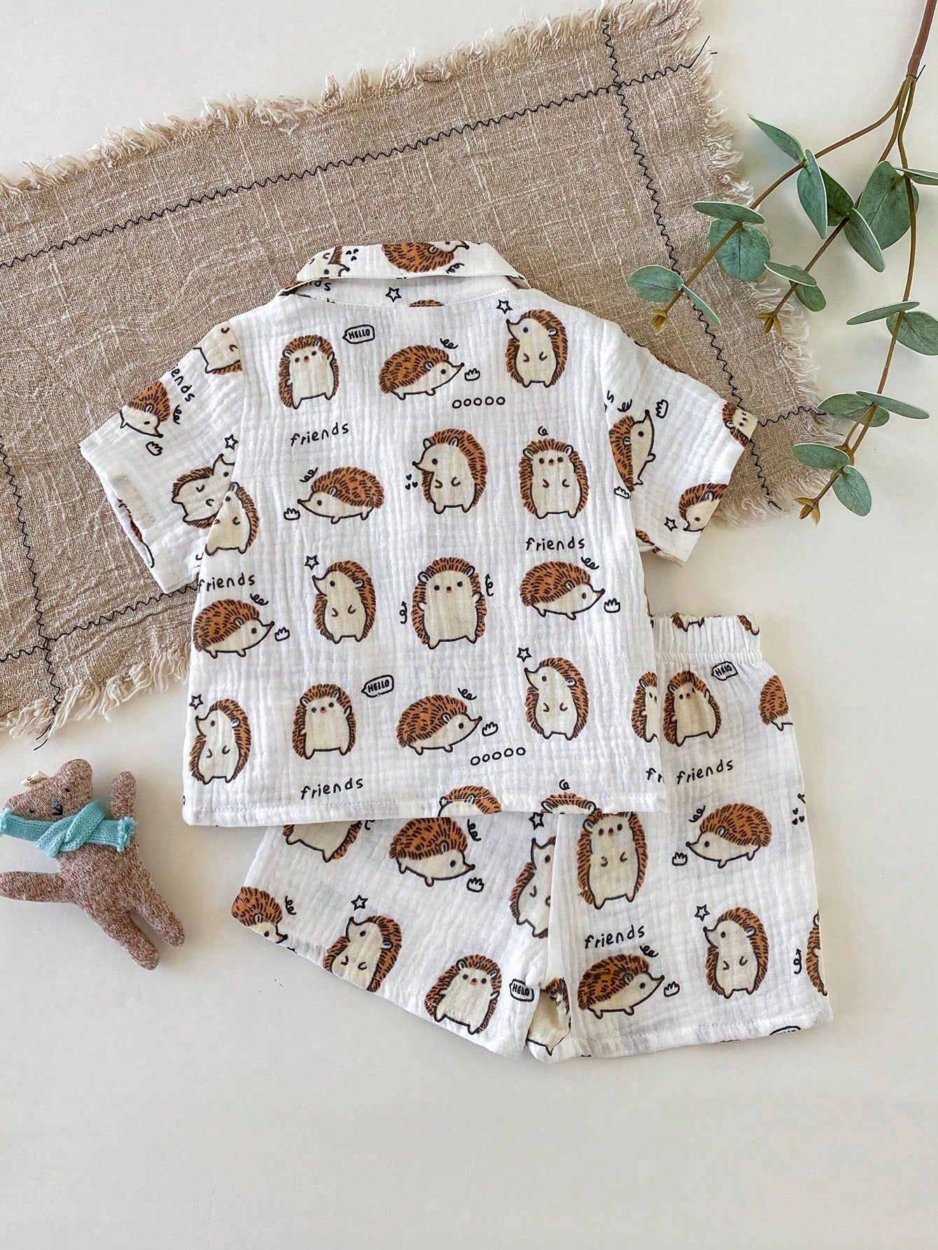 2pcs Boys Hedgehog Print Muslin Shirt & Shorts Set - Ivory | 21 Cen...