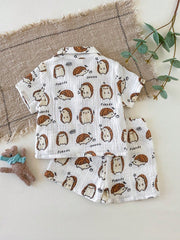 2pcs Boys Hedgehog Print Muslin Shirt & Shorts Set - Ivory | 21 Cen...