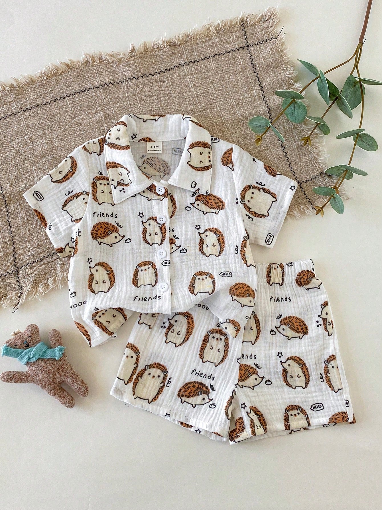 2pcs Boys Hedgehog Print Muslin Shirt & Shorts Set - Ivory | 21 Cen...