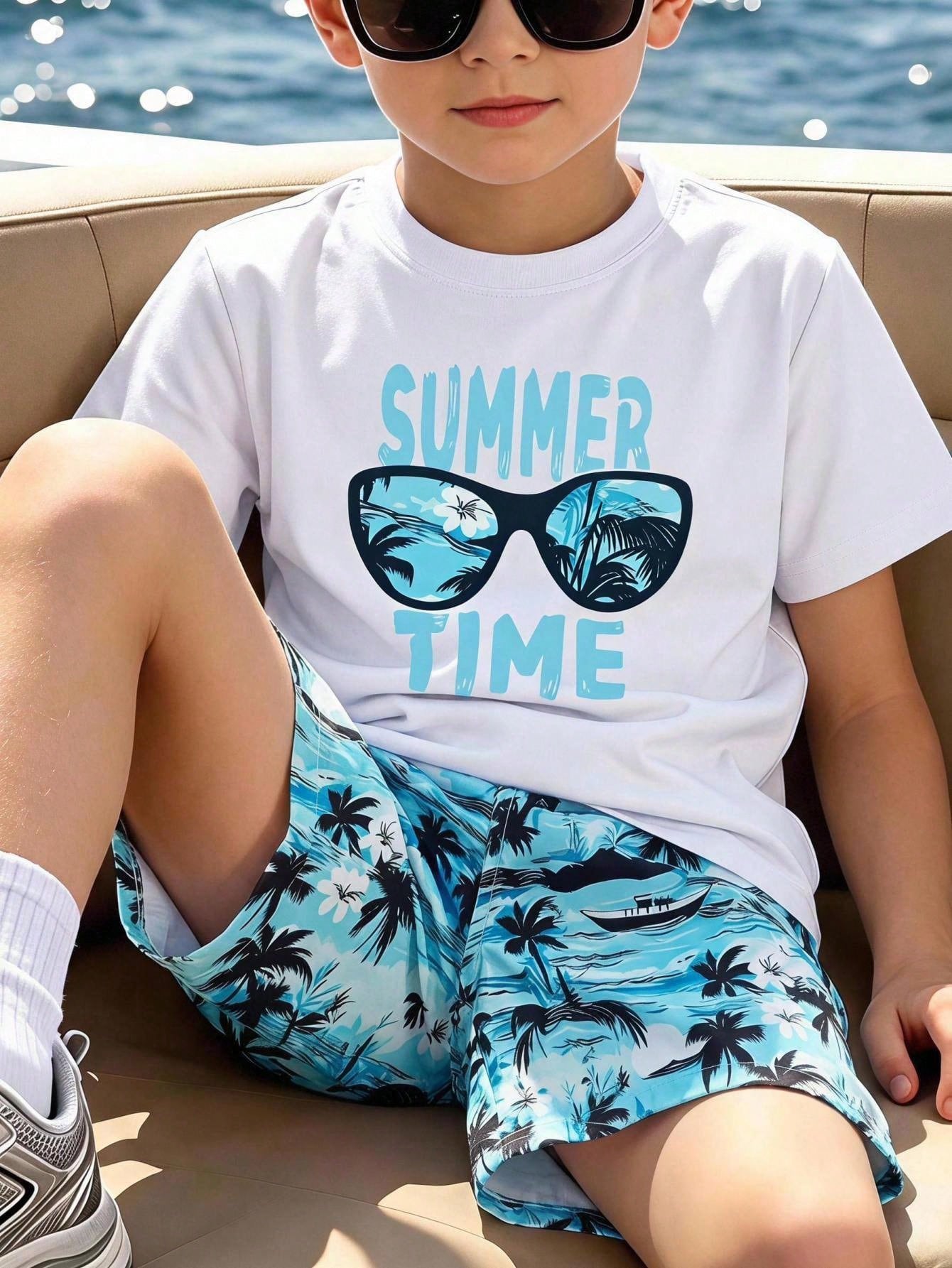 2pcs Big Boys Summer Time Graphic Tee & Tropical Shorts Set - Ivory...