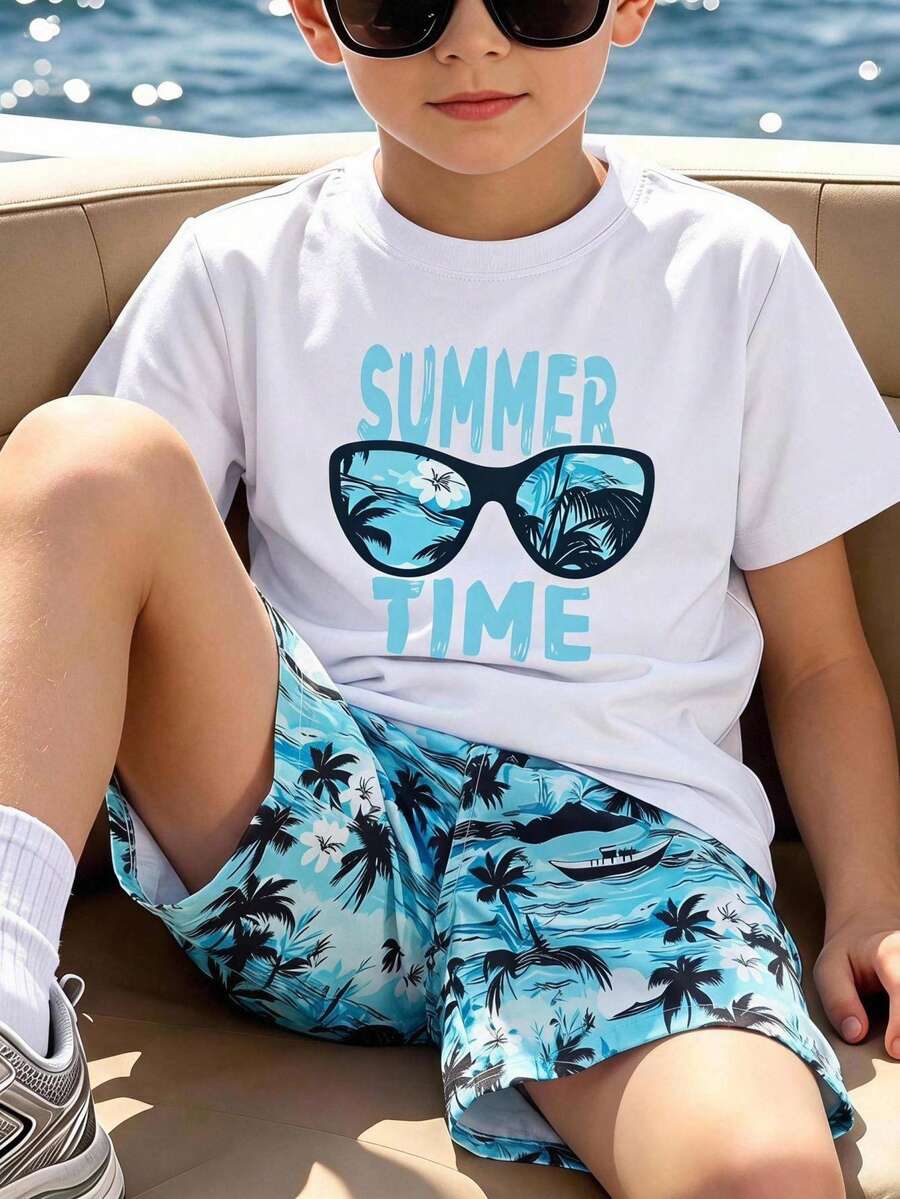 2pcs Big Boys Summer Time Graphic Tee & Tropical Shorts Set - Ivory...