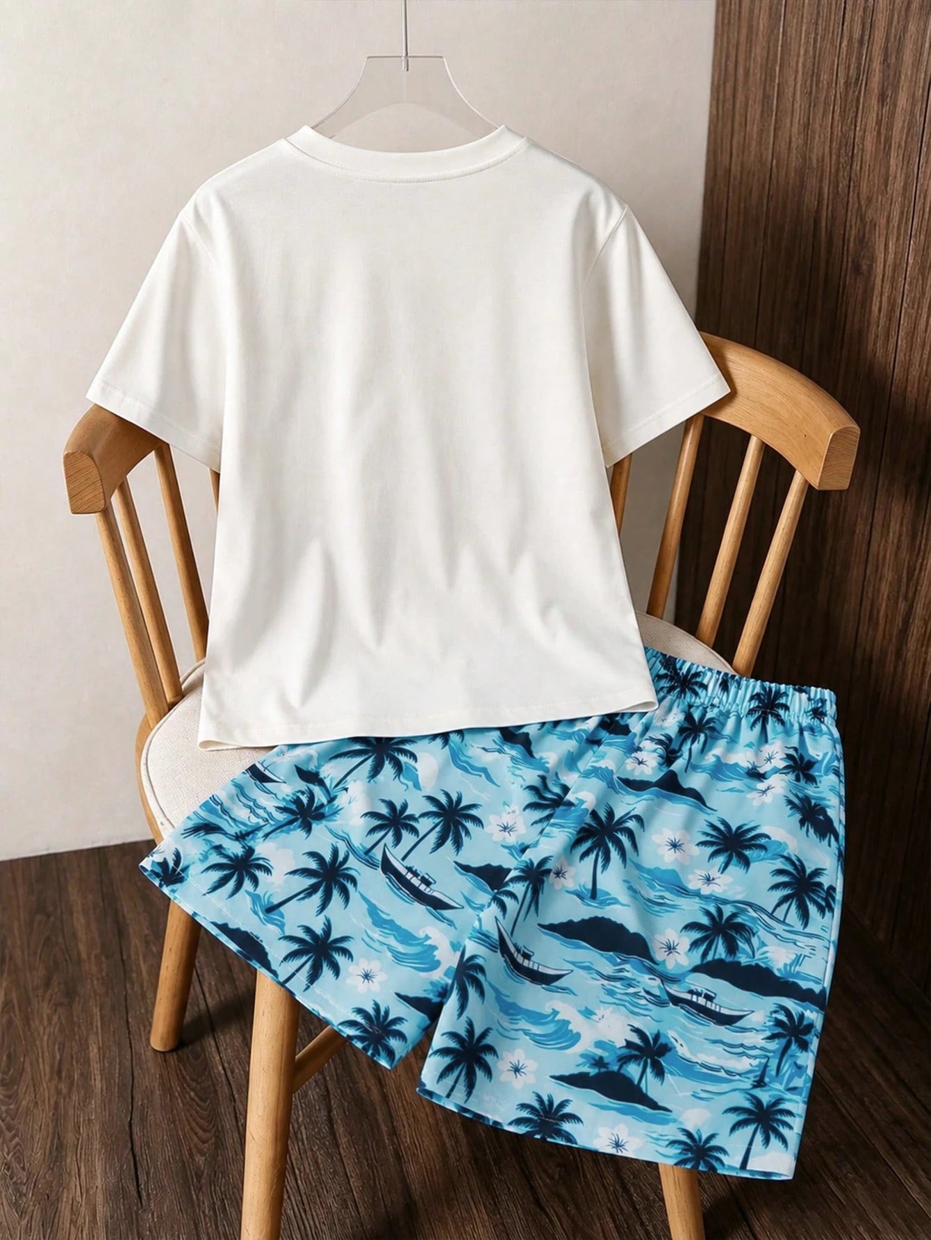 2pcs Big Boys Summer Time Graphic Tee & Tropical Shorts Set - Ivory...