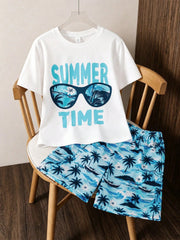 2pcs Big Boys Summer Time Graphic Tee & Tropical Shorts Set - Ivory...