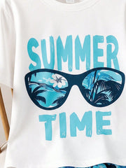 2pcs Big Boys Summer Time Graphic Tee & Tropical Shorts Set - Ivory...