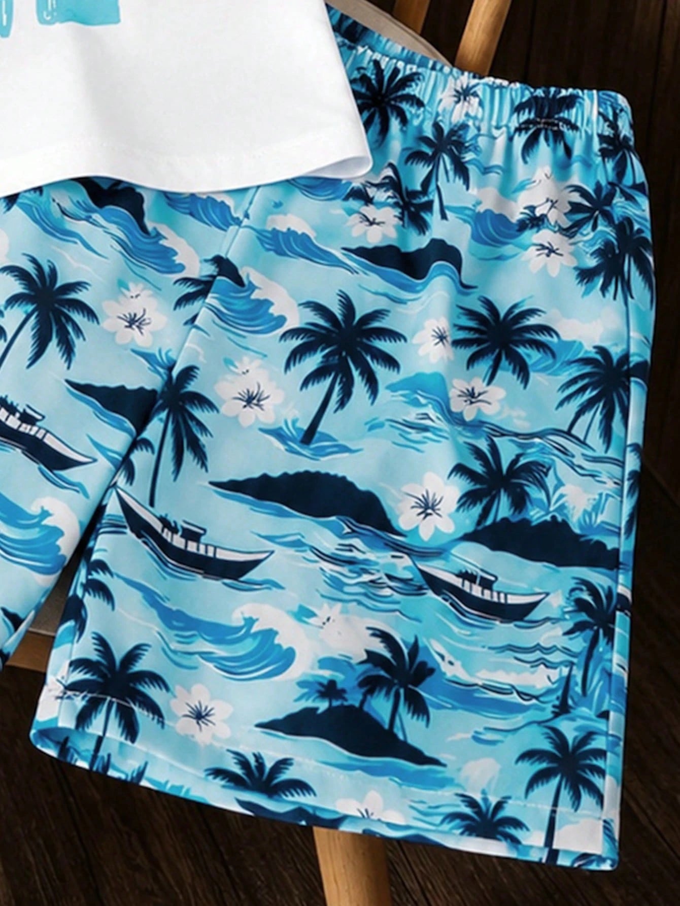 2pcs Big Boys Summer Time Graphic Tee & Tropical Shorts Set - Ivory...