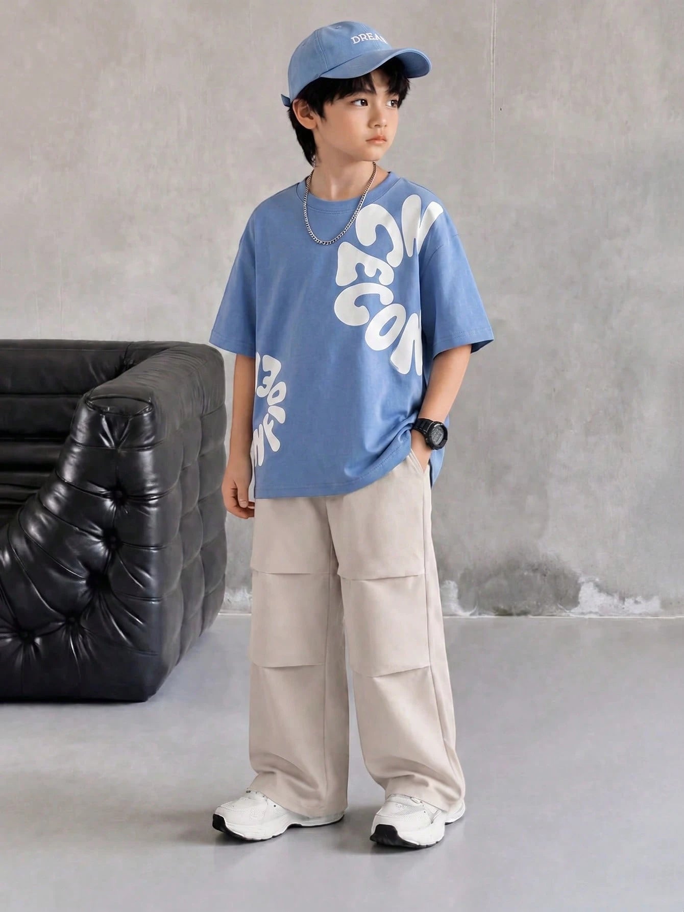 2pcs Big Boys Graphic Tee & Cargo Wide-Leg Pants Set - Cerulean | 2...