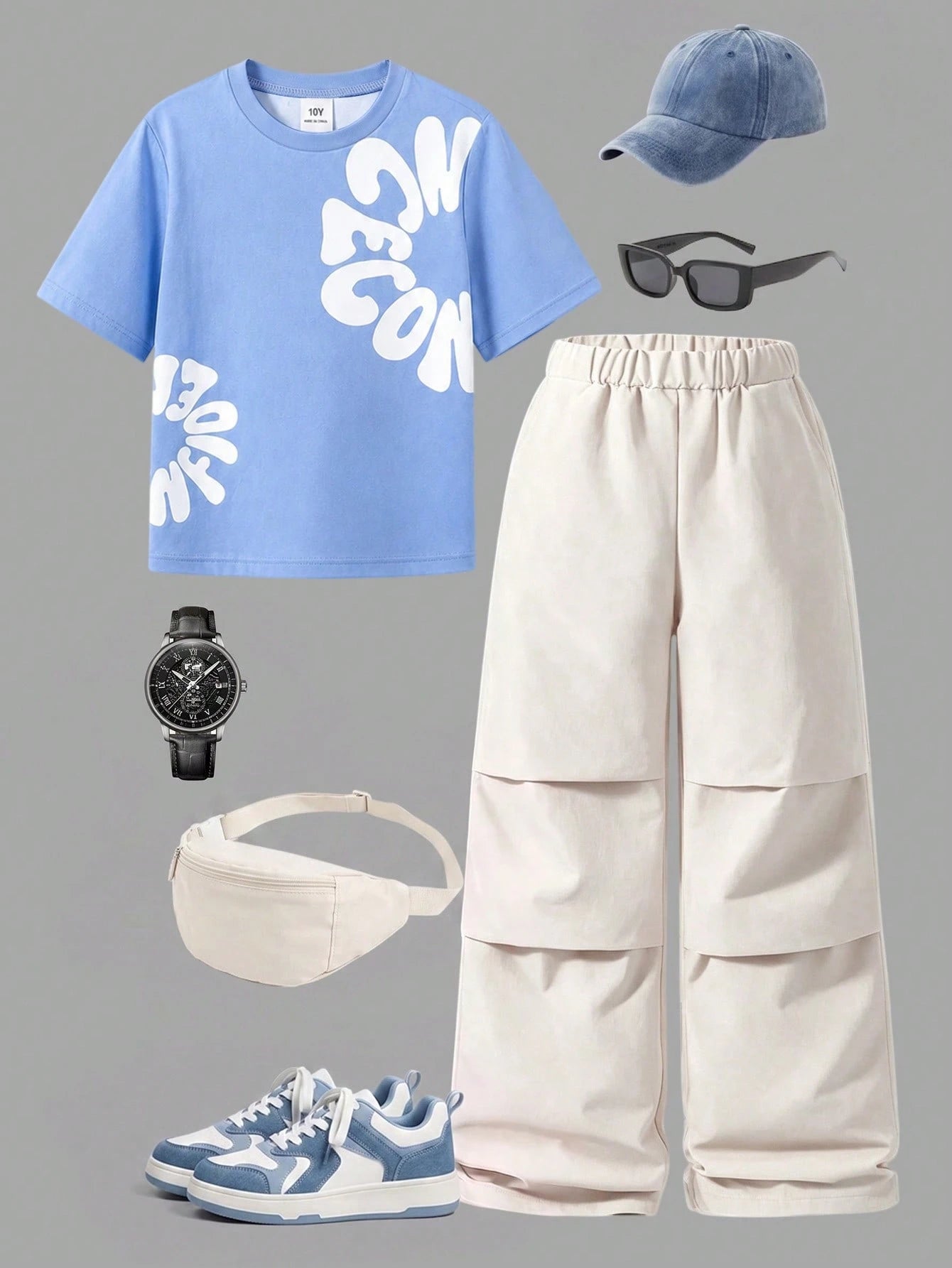 2pcs Big Boys Graphic Tee & Cargo Wide-Leg Pants Set - Cerulean | 2...