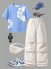2pcs Big Boys Graphic Tee & Cargo Wide-Leg Pants Set - Cerulean | 2...