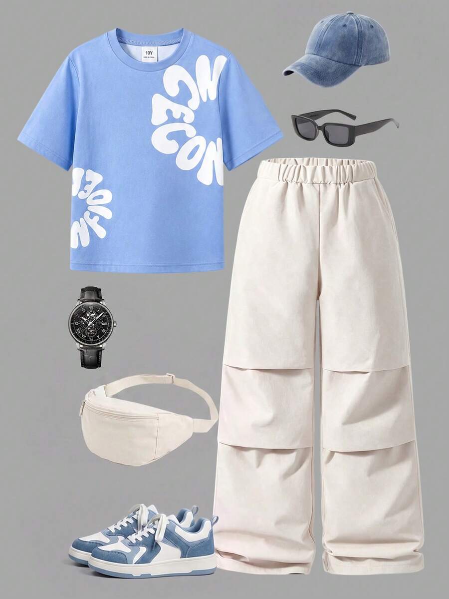 2pcs Big Boys Graphic Tee & Cargo Wide-Leg Pants Set - Cerulean | 2...