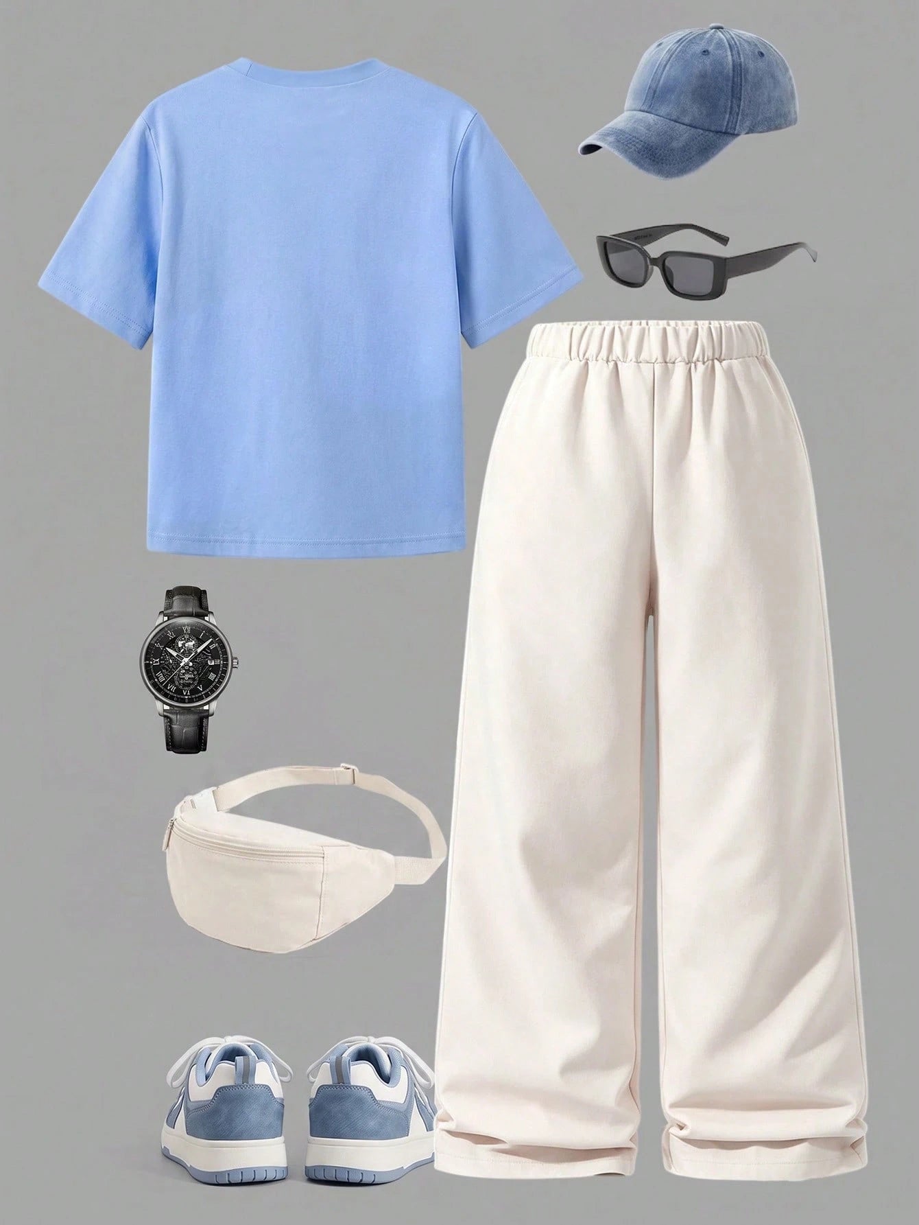 2pcs Big Boys Graphic Tee & Cargo Wide-Leg Pants Set - Cerulean | 2...