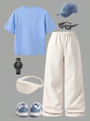 2pcs Big Boys Graphic Tee & Cargo Wide-Leg Pants Set - Cerulean | 2...