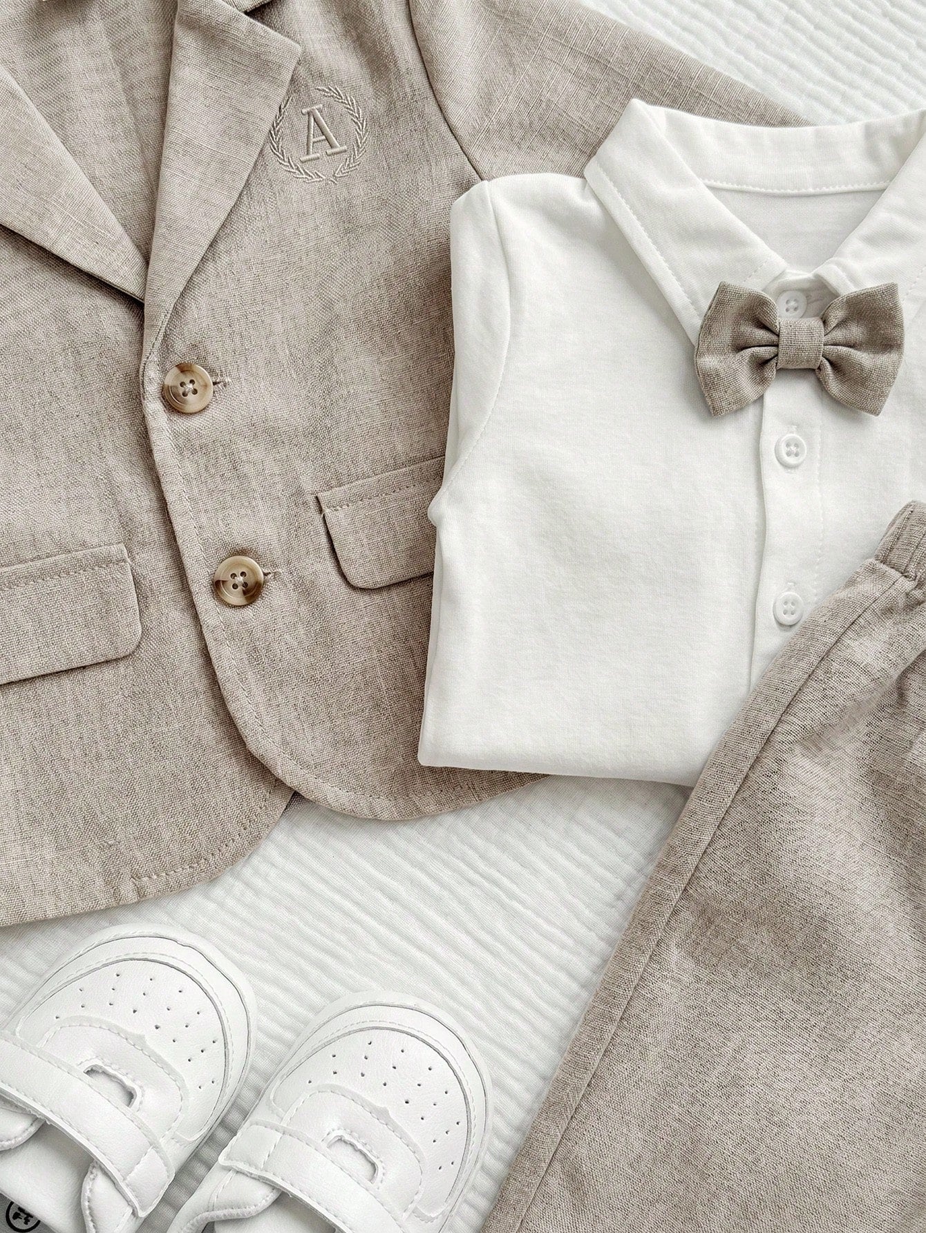 3pcs Baby Boys Monogram Blazer Shirt & Trousers Set - Greige | 21 C...