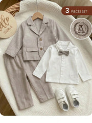 3pcs Baby Boys Monogram Blazer Shirt & Trousers Set - Greige | 21 C...