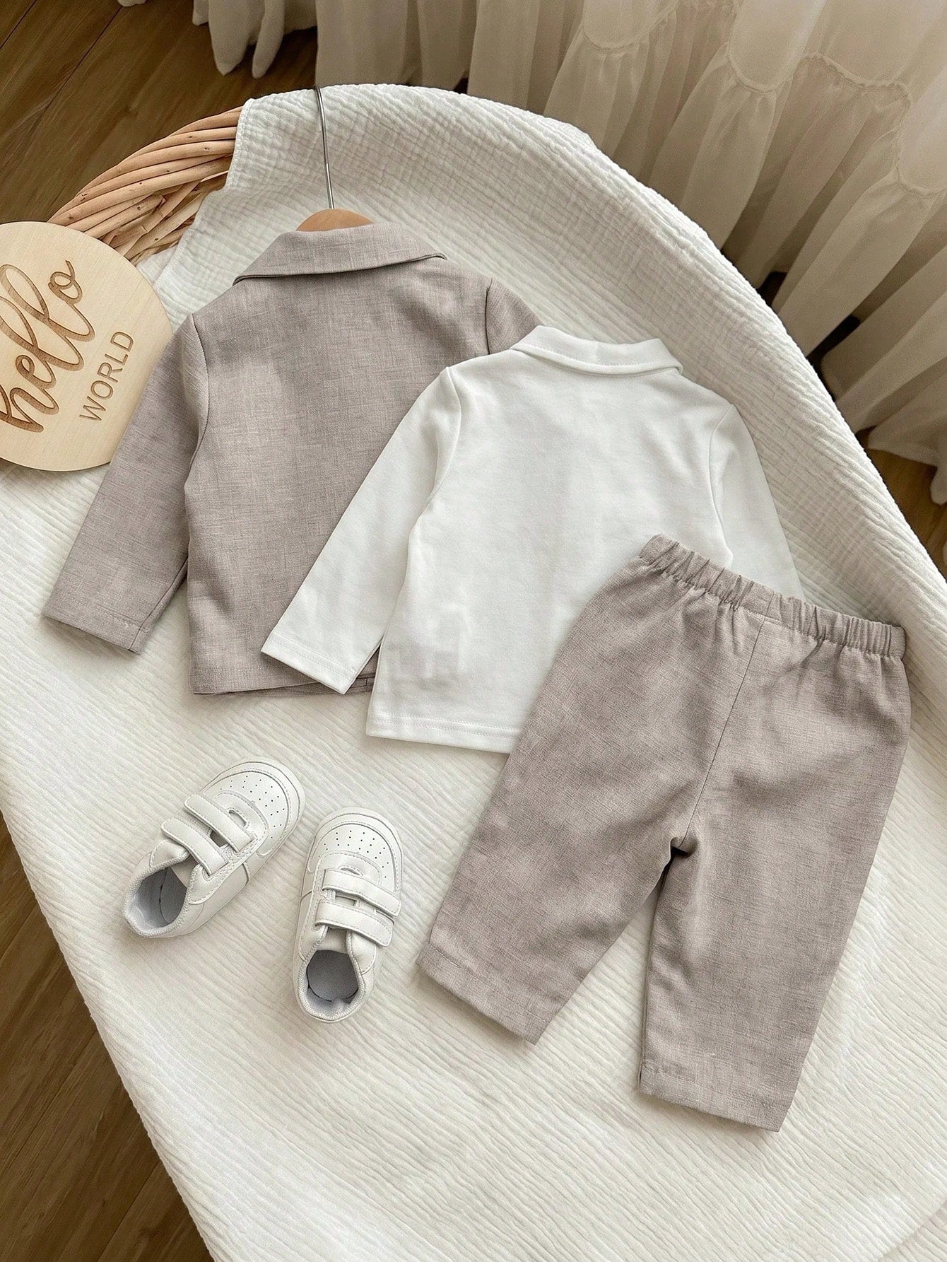 3pcs Baby Boys Monogram Blazer Shirt & Trousers Set - Greige | 21 C...