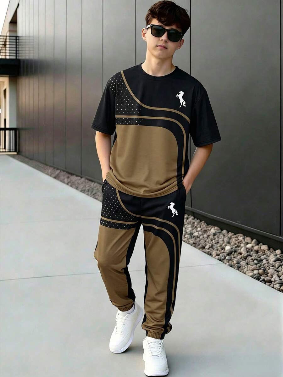 2pcs Big Boys Horse Print T-Shirt & Jogger Set - Wenge | 21 Century...