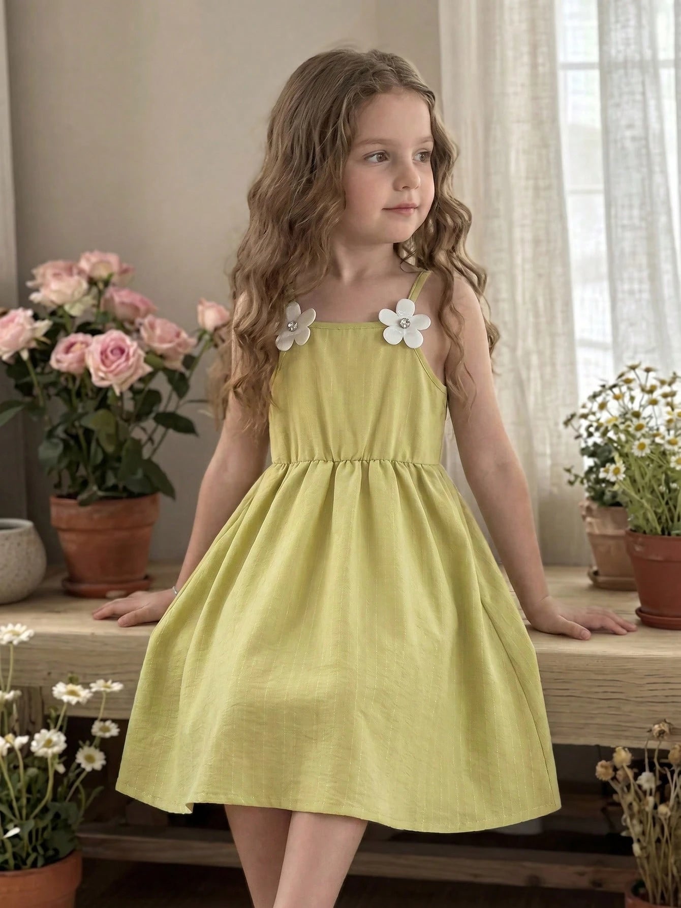Girls Floral Appliqué Spaghetti Strap Fit & Flare Dress - Sage | 21...