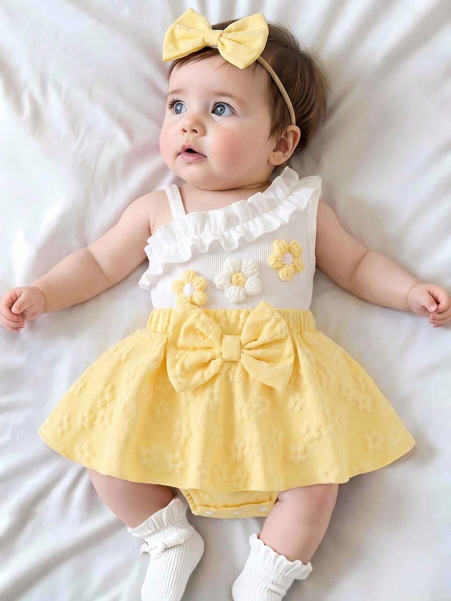 2pcs Baby Girls Floral Appliqué Ruffle Romper & Skirt Set - Butterc...