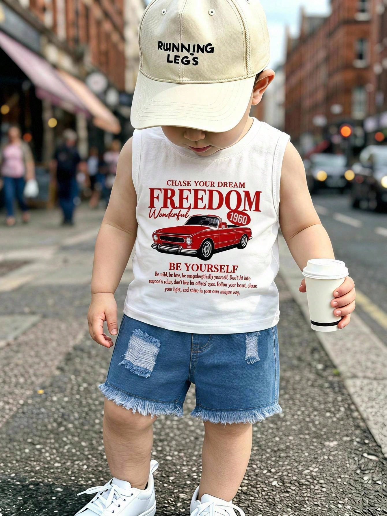 2pcs Boys Freedom Print Tank Top & Ripped Denim Shorts Set - Ivory ...