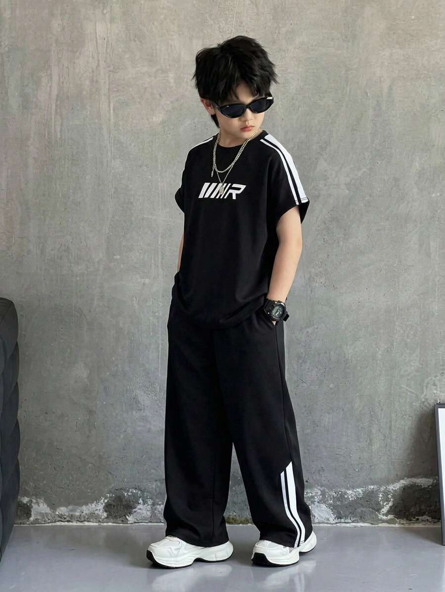 2pcs Big Boys Graphic Tee & Wide-Leg Track Pants Set - Onyx | 21 Ce...