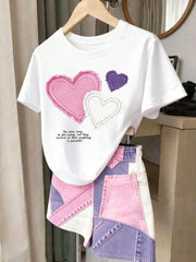 2pcs Little Girls Heart Patch Tee & Patchwork Denim Shorts Set - Iv...
