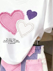 2pcs Little Girls Heart Patch Tee & Patchwork Denim Shorts Set - Iv...