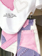 2pcs Little Girls Heart Patch Tee & Patchwork Denim Shorts Set - Iv...
