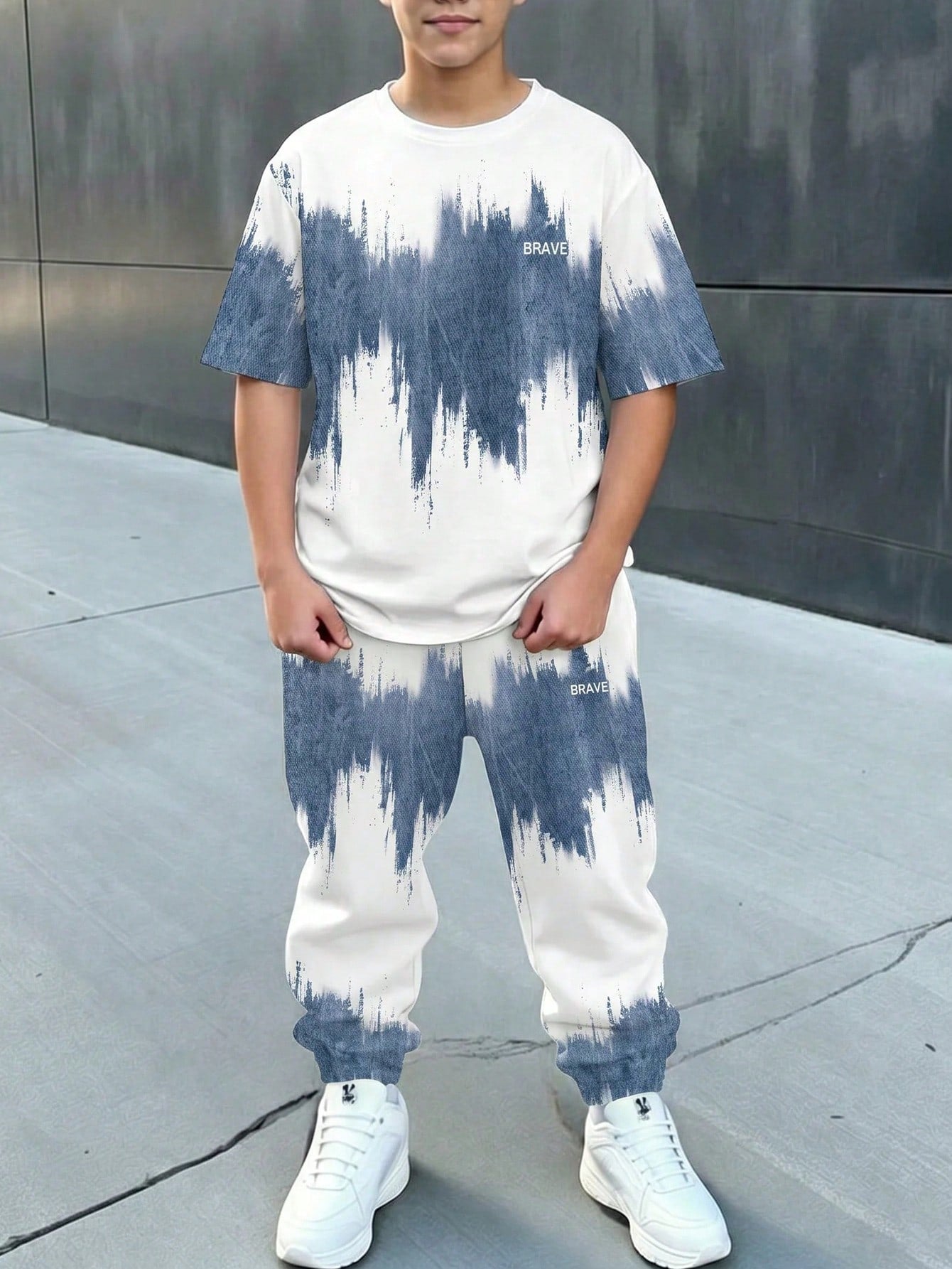 2pcs Big Boys Brushstroke Print Tee & Jogger Set - Ivory | 21 Centu...