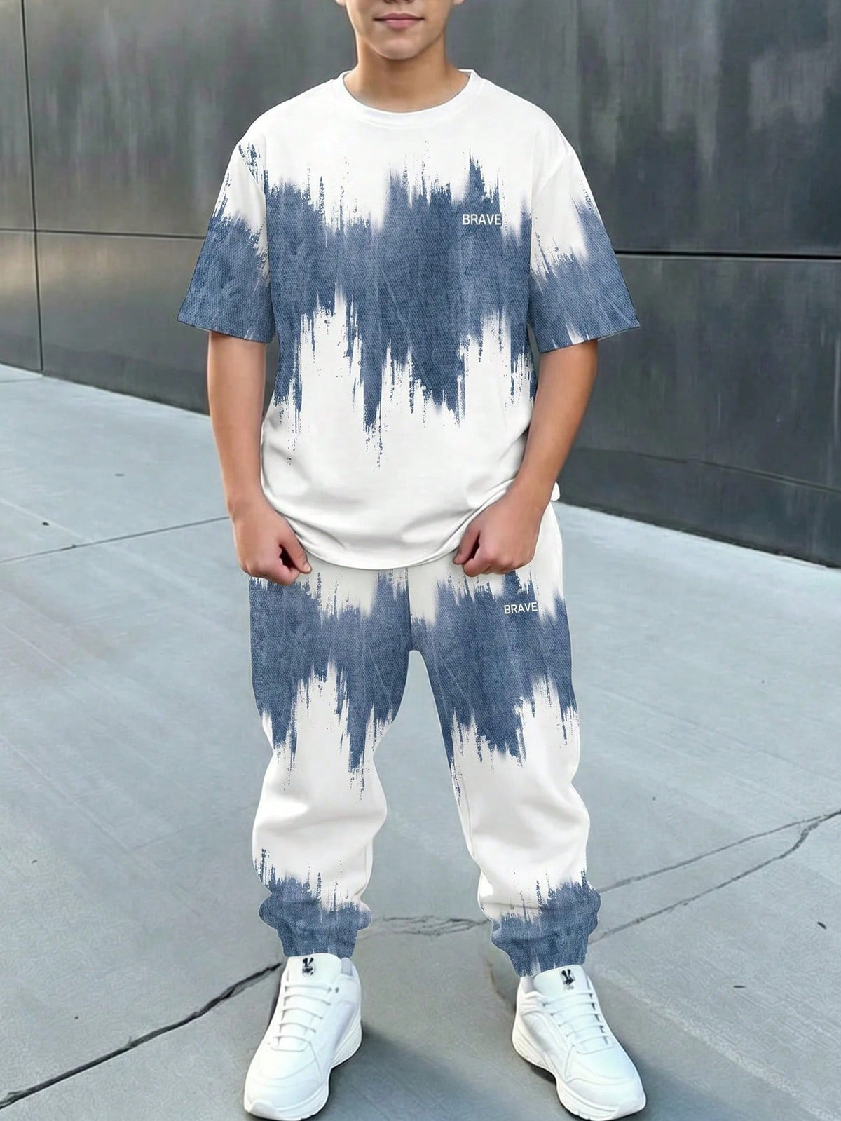 2pcs Big Boys Brushstroke Print Tee & Jogger Set - Ivory | 21 Centu...