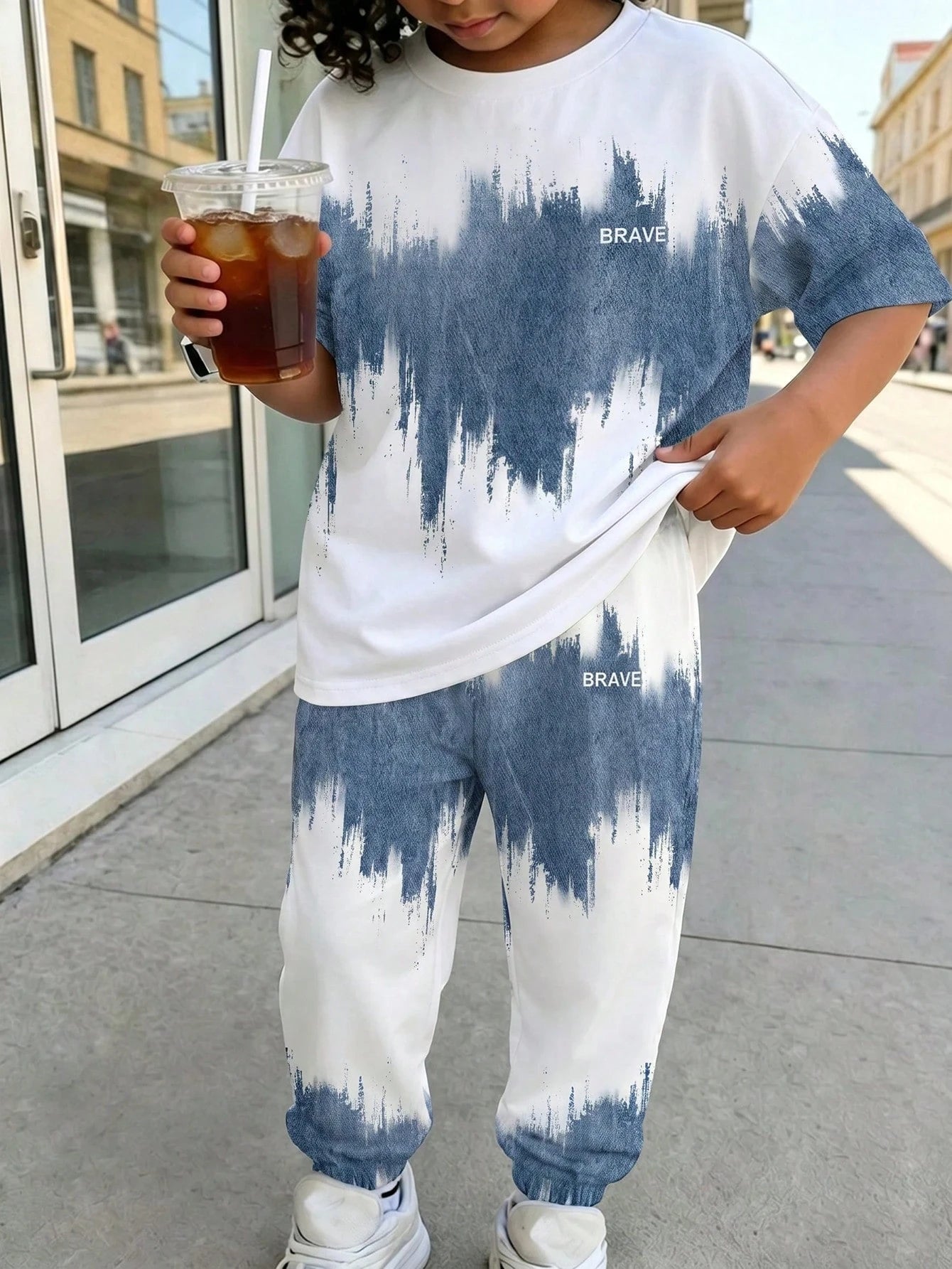 2pcs Big Boys Brushstroke Print Tee & Jogger Set - Ivory | 21 Centu...