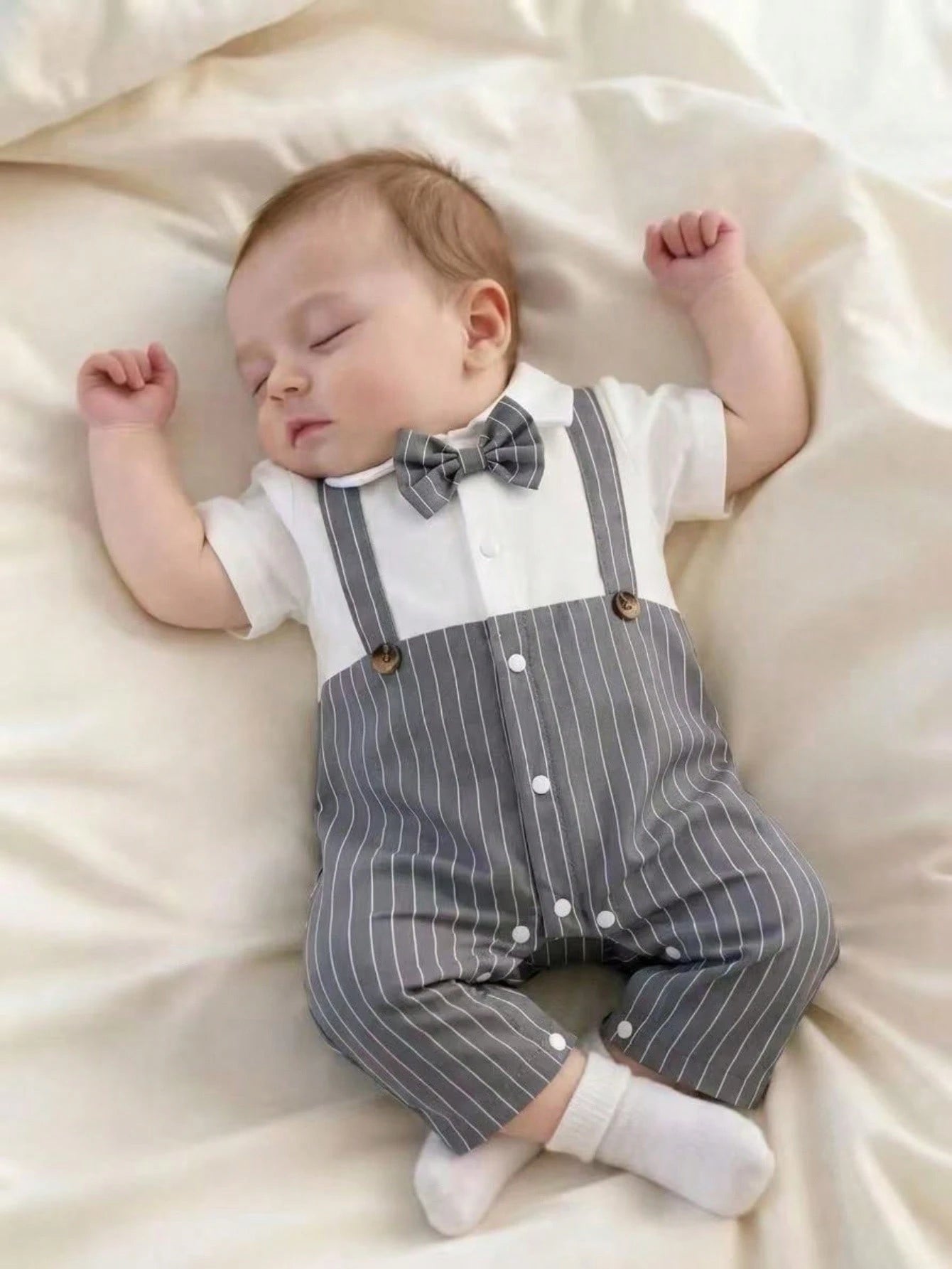Baby Boys Pinstripe Bow Tie Gentleman Romper - Slate | 21 Century Kids