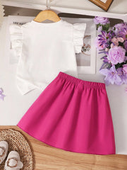2pcs Little Girls Nova Beat Ruffle Tee & Pleated Skirt Set - Fuchsi...
