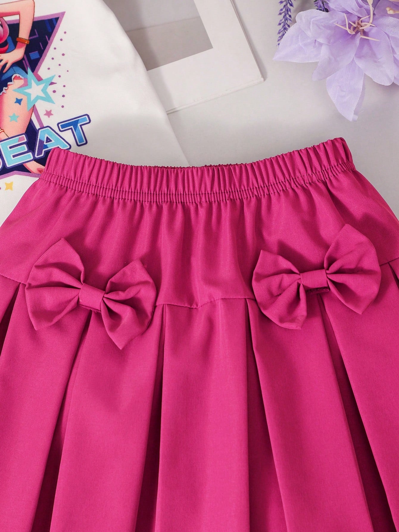 2pcs Little Girls Nova Beat Ruffle Tee & Pleated Skirt Set - Fuchsi...