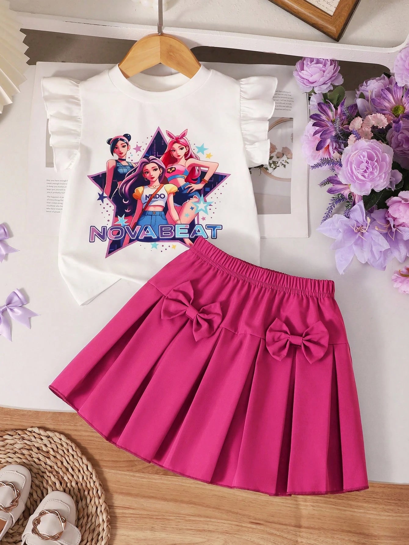 2pcs Little Girls Nova Beat Ruffle Tee & Pleated Skirt Set - Fuchsi...